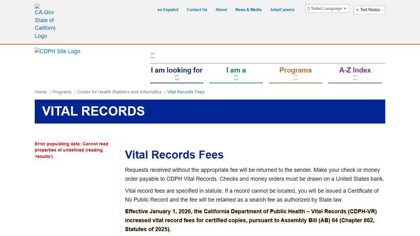 Vital Records Fees